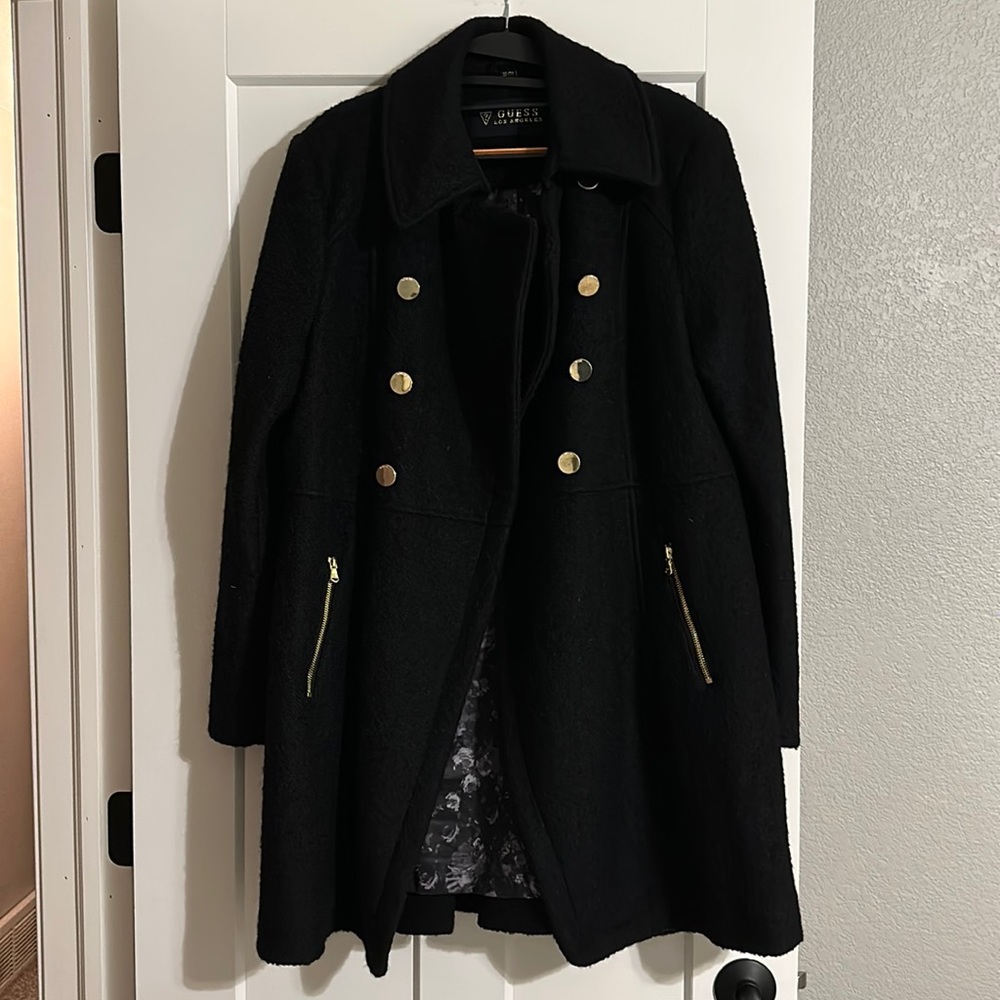 GUESS Black Wool Double Breasted Peacoat